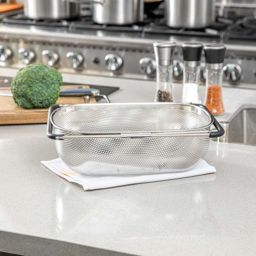 Met Lux 6 qt Stainless Steel Over-The-Sink Colander - Expandable Handles, Coarse Mesh - 14 1/2" x 10 1/2" x 4 1/2" - 1 count box