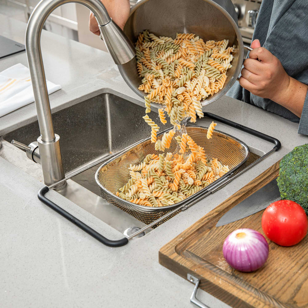 Met Lux 6 qt Stainless Steel Over-The-Sink Colander - Expandable Handles, Coarse Mesh - 14 1/2" x 10 1/2" x 4 1/2" - 1 count box