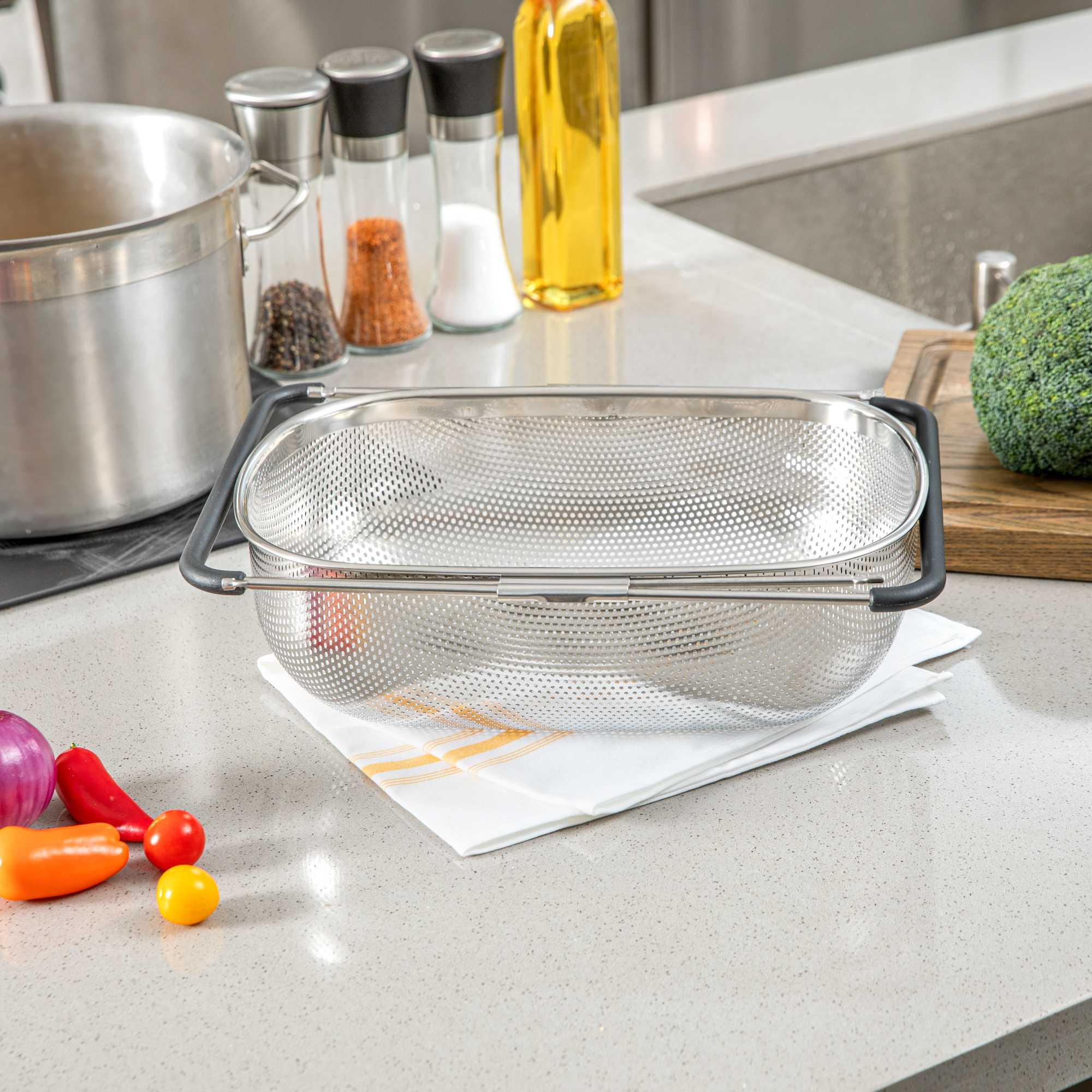 Met Lux 6 qt Stainless Steel Over-The-Sink Colander - Expandable Handles, Coarse Mesh - 14 1/2" x 10 1/2" x 4 1/2" - 1 count box