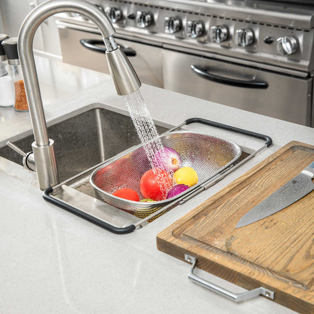 Met Lux 6 qt Stainless Steel Over-The-Sink Colander - Expandable Handles, Coarse Mesh - 14 1/2" x 10 1/2" x 4 1/2" - 1 count box