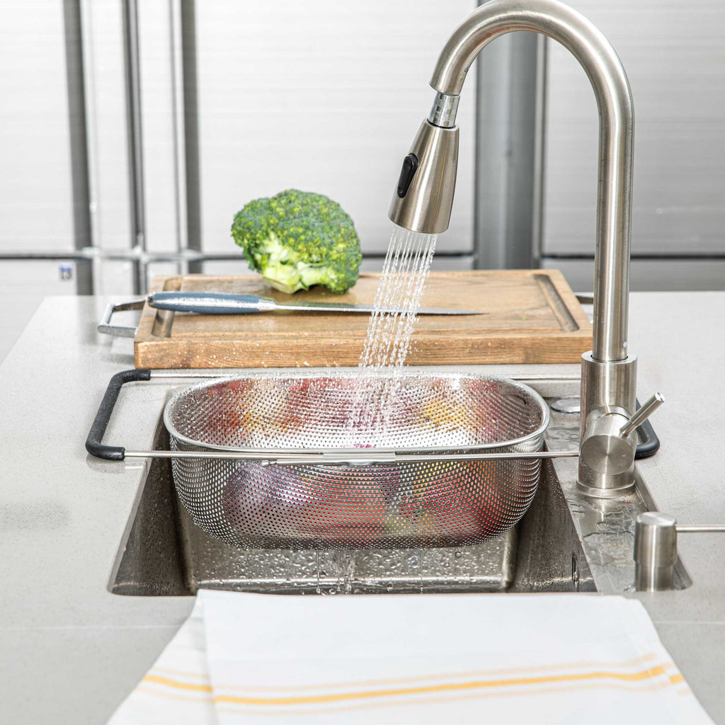 Met Lux 6 qt Stainless Steel Over-The-Sink Colander - Expandable Handles, Coarse Mesh - 14 1/2" x 10 1/2" x 4 1/2" - 1 count box