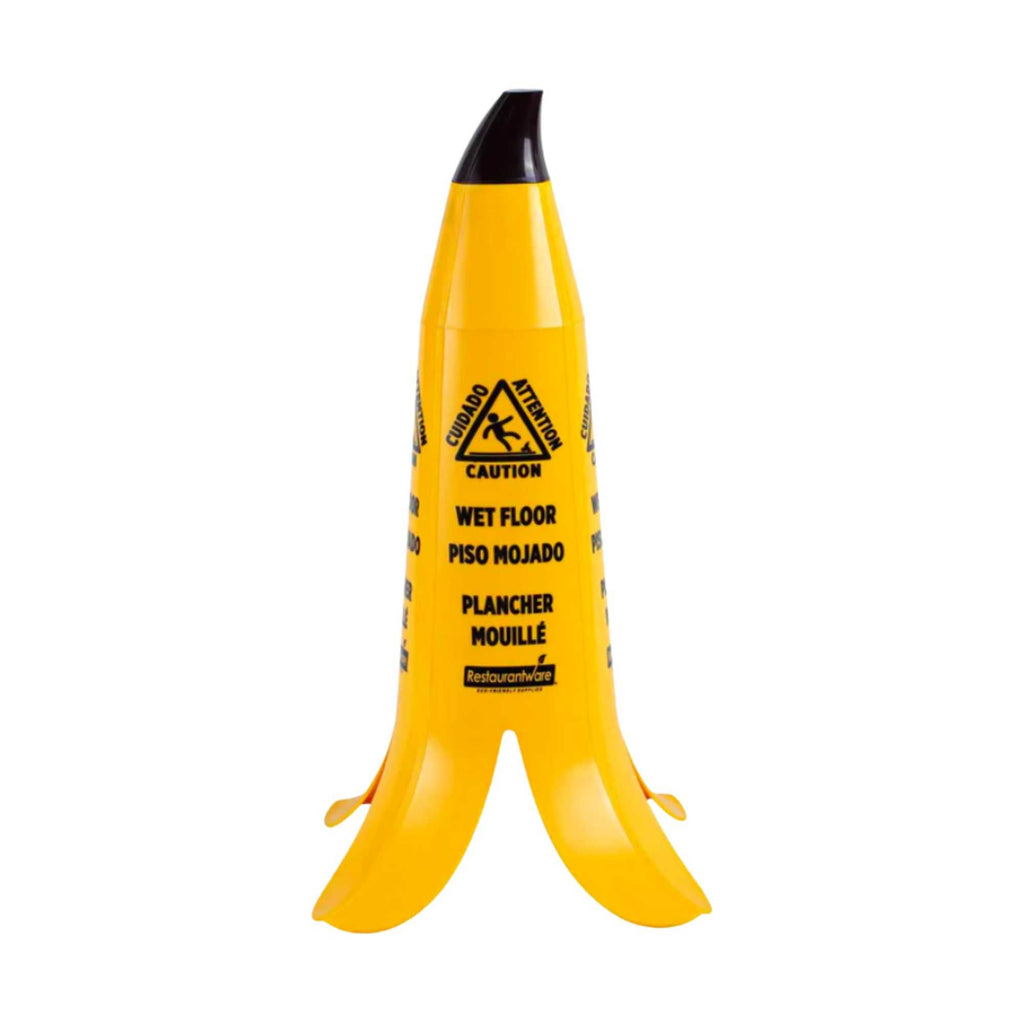 Clean Tek Professional Yellow Plastic Banana Wet Floor Cone - Multilingual, with Brown Stem - 23 1/2" - 1 count box