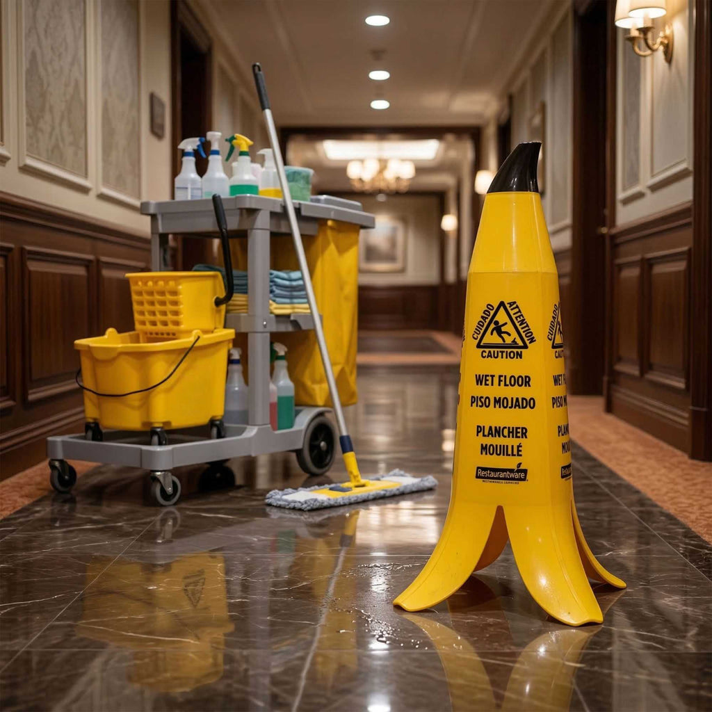 Clean Tek Professional Yellow Plastic Banana Wet Floor Cone - Multilingual, with Brown Stem - 23 1/2" - 1 count box
