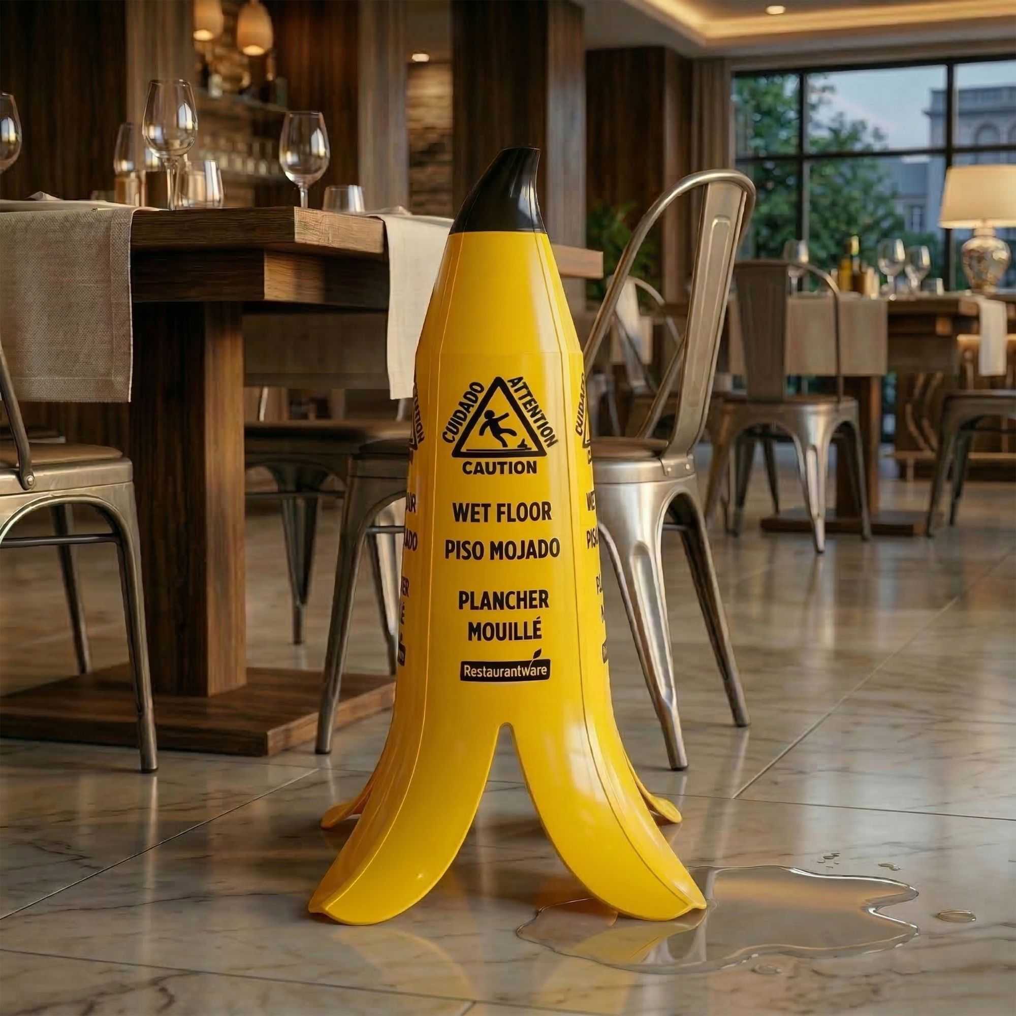 Clean Tek Professional Yellow Plastic Banana Wet Floor Cone - Multilingual, with Brown Stem - 23 1/2" - 1 count box