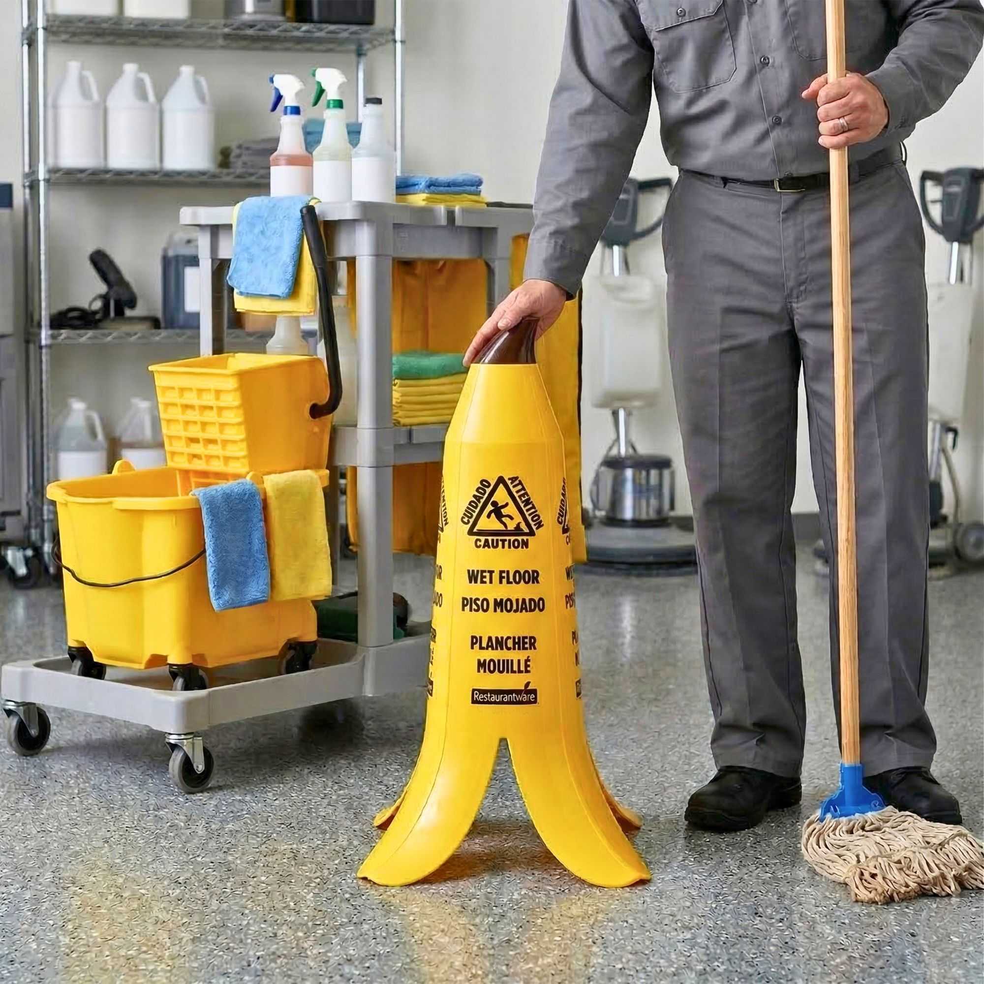Clean Tek Professional Yellow Plastic Banana Wet Floor Cone - Multilingual, with Brown Stem - 23 1/2" - 1 count box