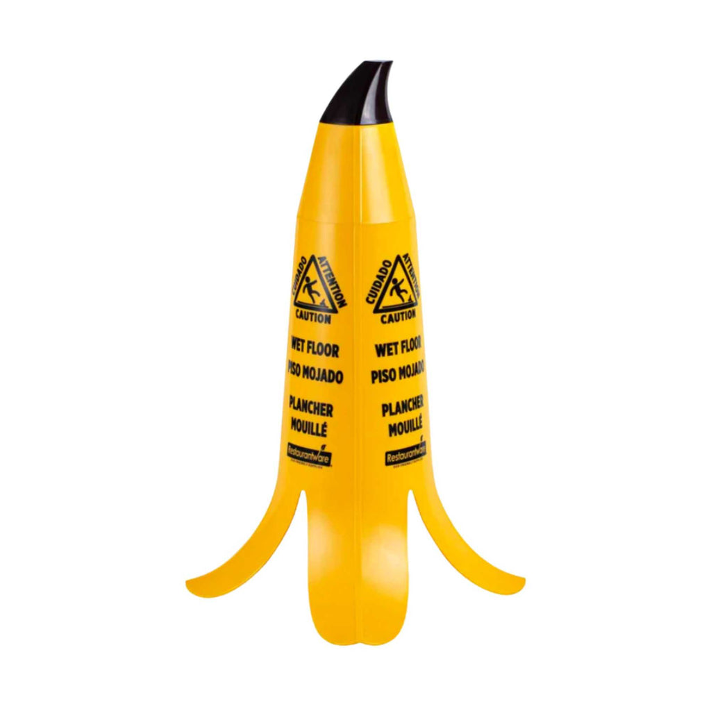 Clean Tek Professional Yellow Plastic Banana Wet Floor Cone - Multilingual, with Brown Stem - 23 1/2" - 6 count box