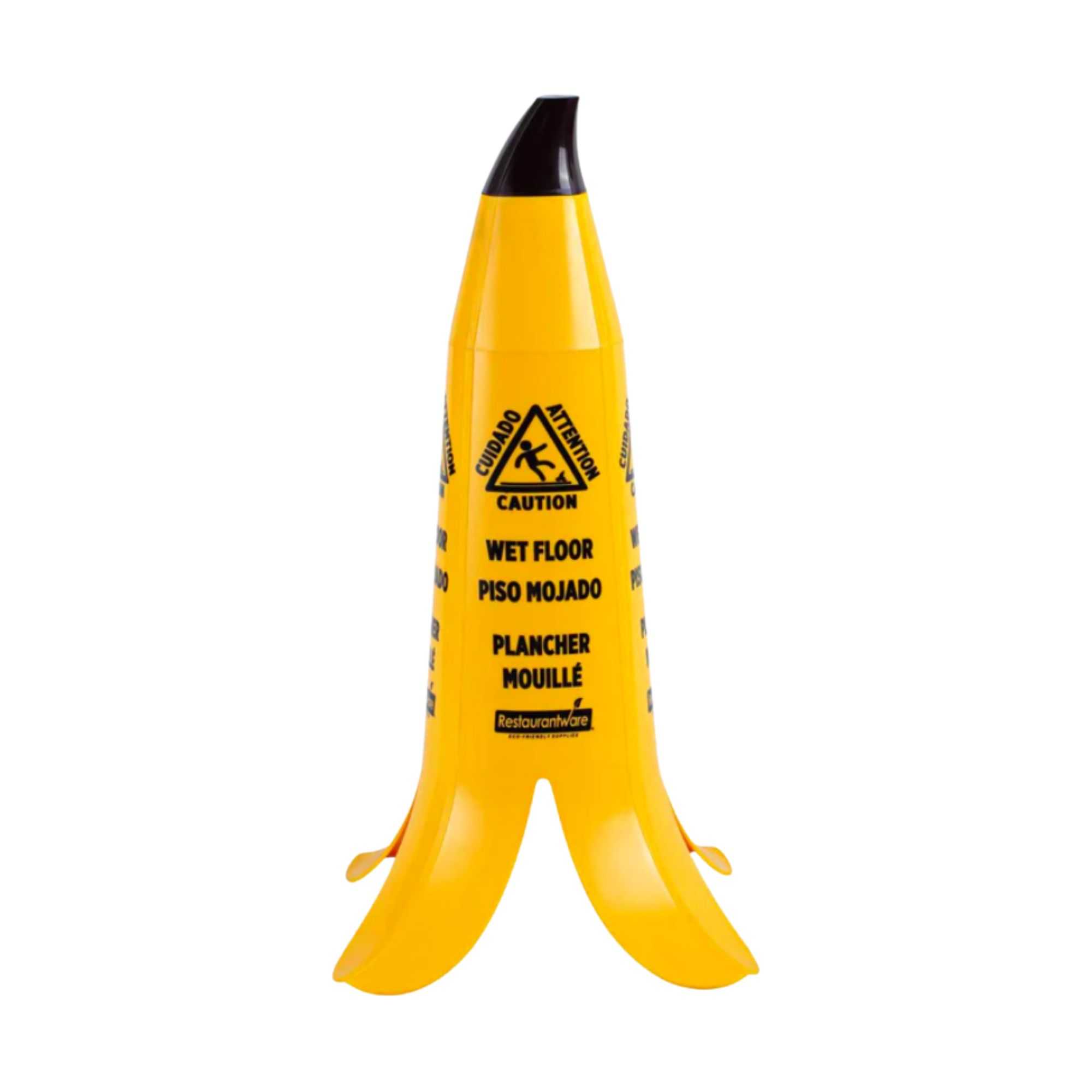 Clean Tek Professional Yellow Plastic Banana Wet Floor Cone - Multilingual, with Brown Stem - 23 1/2" - 6 count box