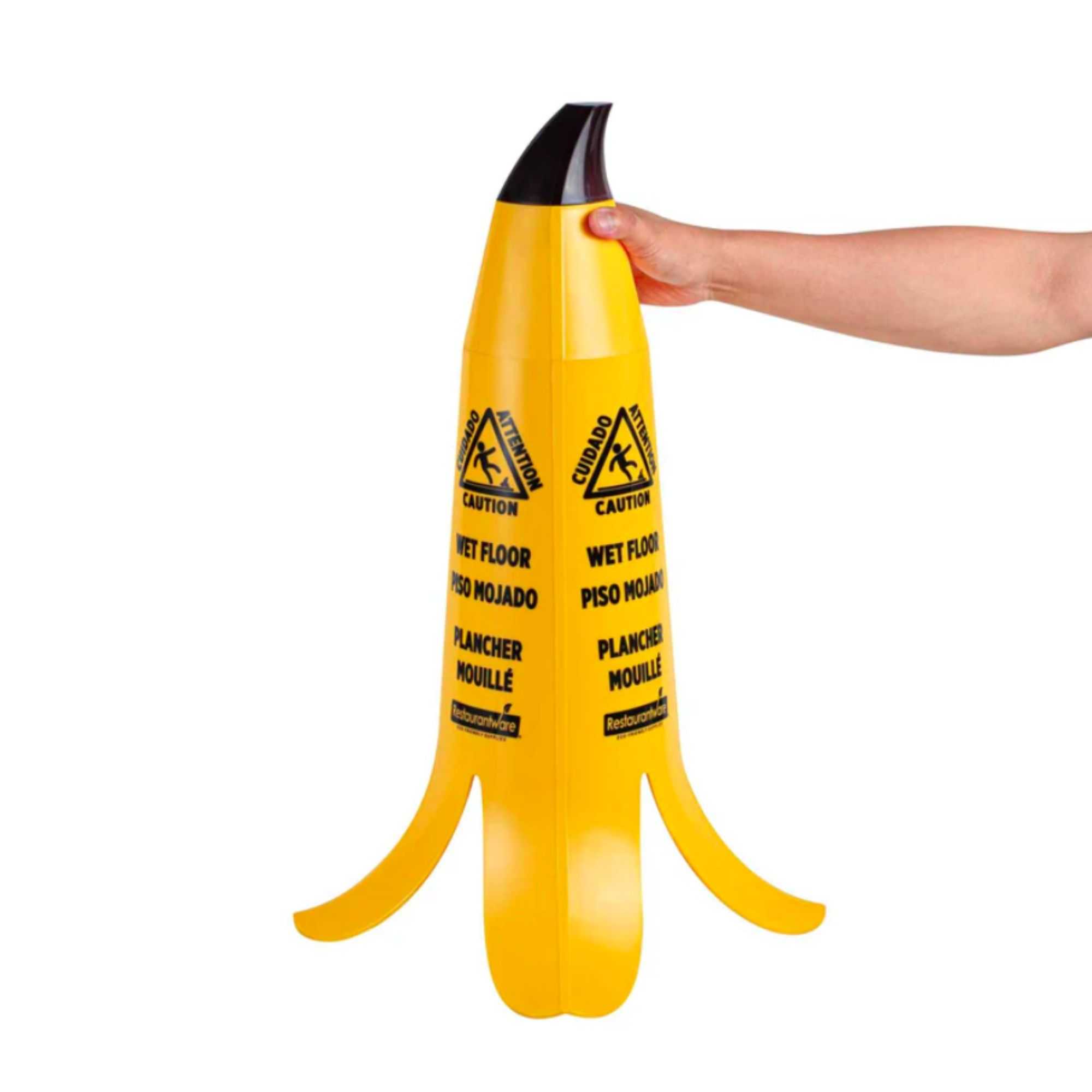 Clean Tek Professional Yellow Plastic Banana Wet Floor Cone - Multilingual, with Brown Stem - 23 1/2" - 6 count box