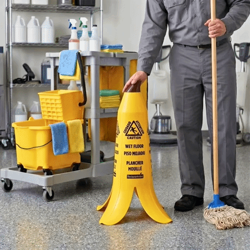 Clean Tek Professional Yellow Plastic Banana Wet Floor Cone - Multilingual, with Brown Stem - 23 1/2" - 6 count box