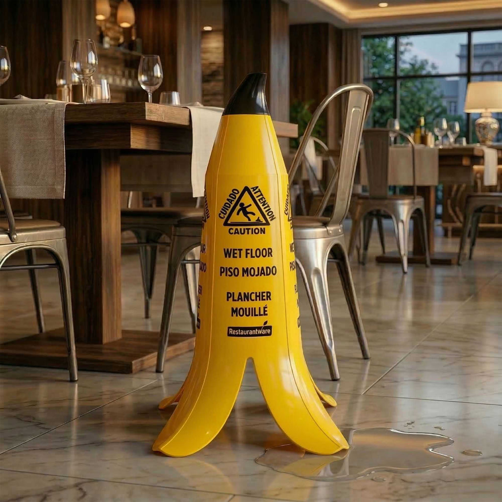Clean Tek Professional Yellow Plastic Banana Wet Floor Cone - Multilingual, with Brown Stem - 23 1/2" - 6 count box