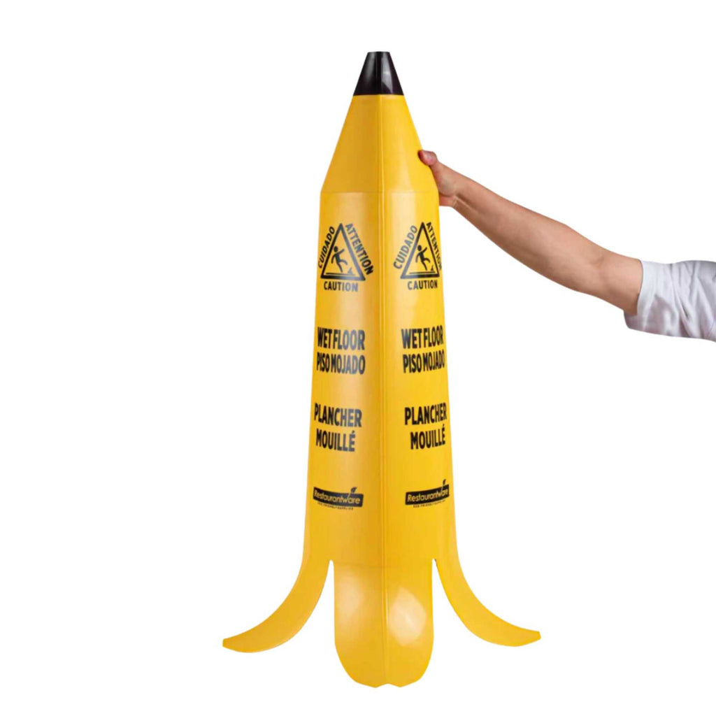 Clean Tek Professional Yellow Plastic Banana Wet Floor Cone - Multilingual, with Brown Stem - 35 1/2" - 1 count box