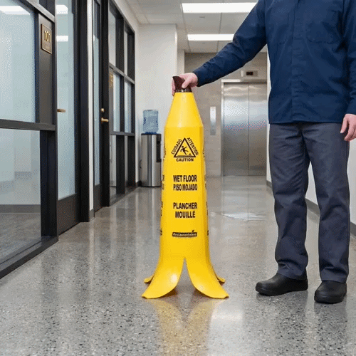 Clean Tek Professional Yellow Plastic Banana Wet Floor Cone - Multilingual, with Brown Stem - 35 1/2" - 1 count box