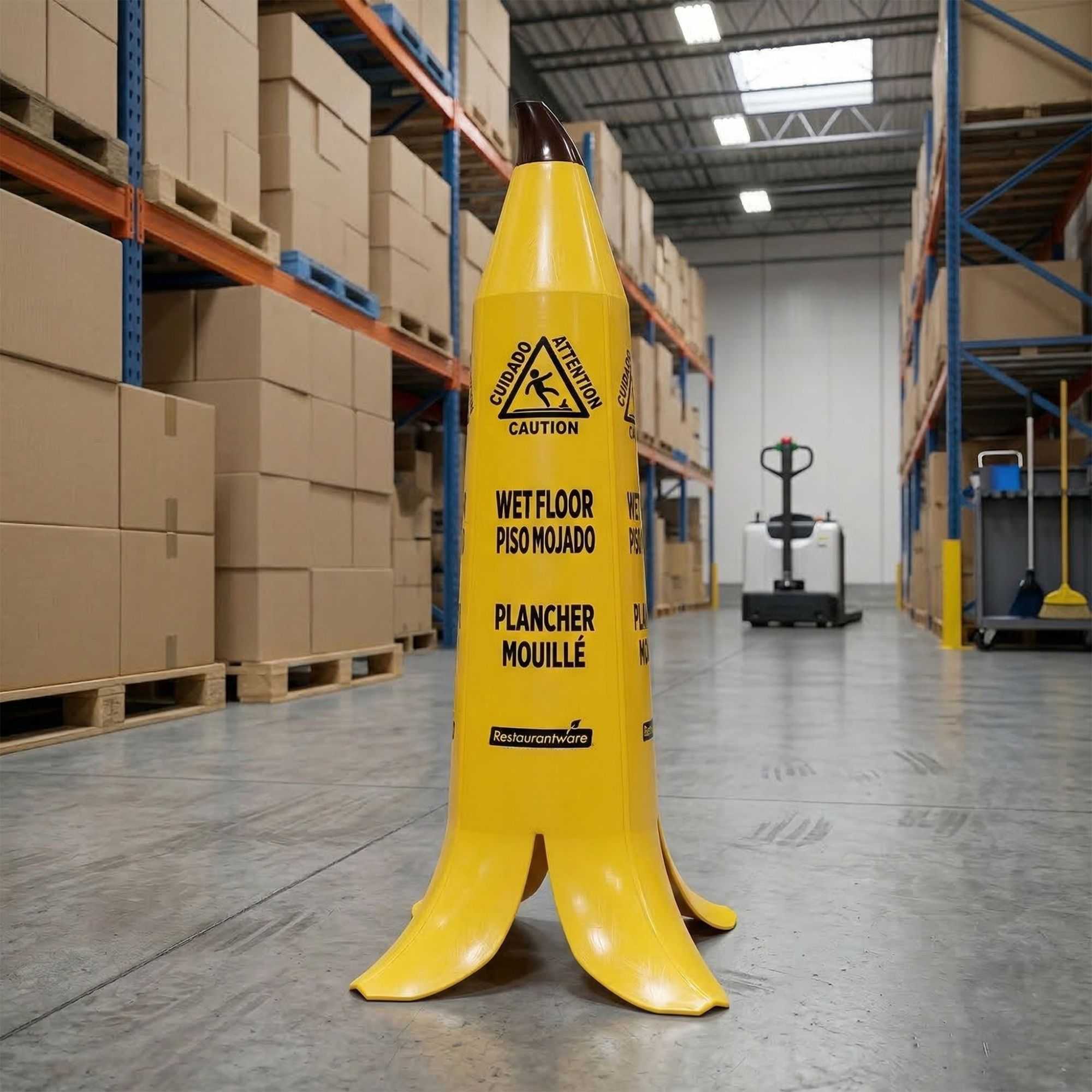 Clean Tek Professional Yellow Plastic Banana Wet Floor Cone - Multilingual, with Brown Stem - 35 1/2" - 5 count box