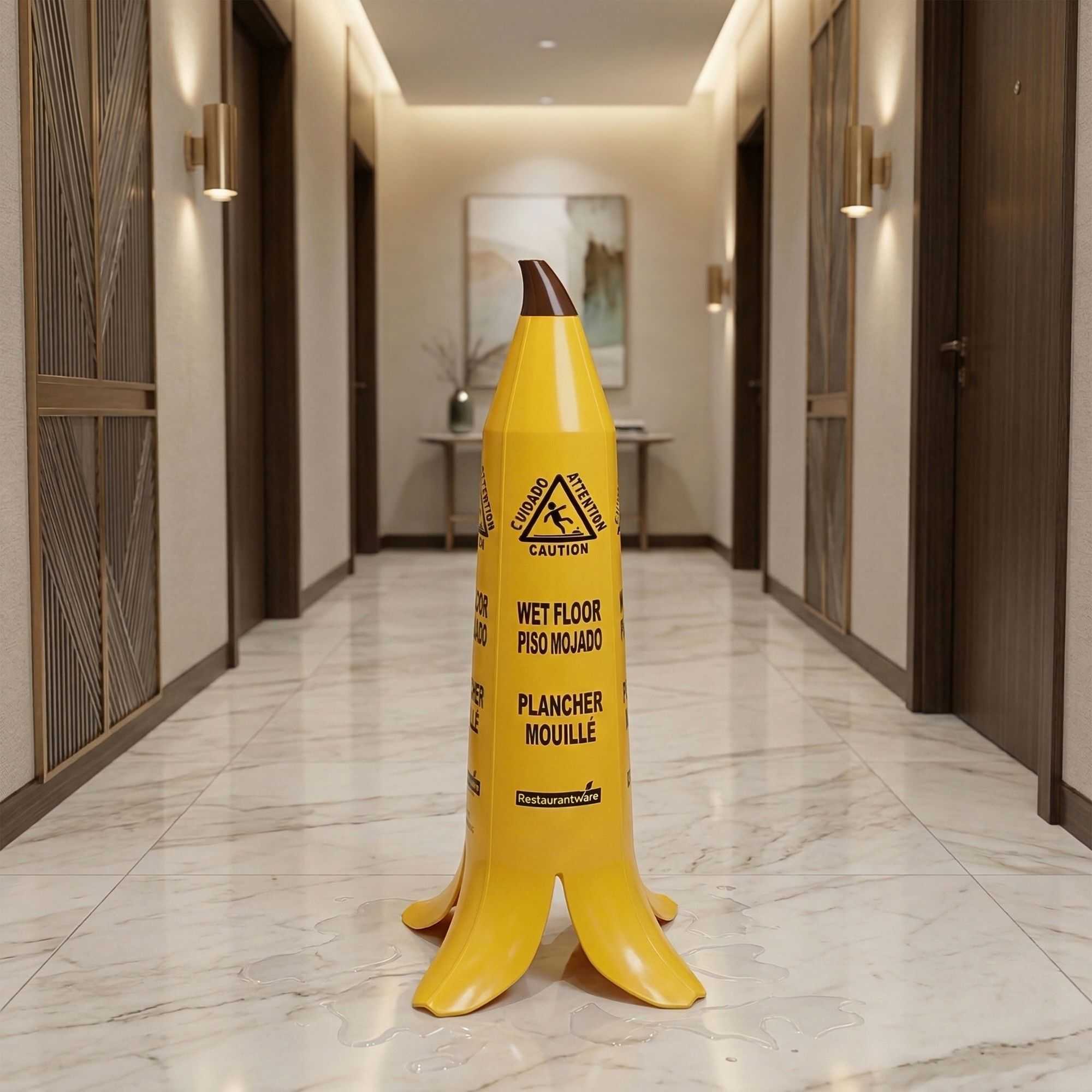 Clean Tek Professional Yellow Plastic Banana Wet Floor Cone - Multilingual, with Brown Stem - 35 1/2" - 5 count box