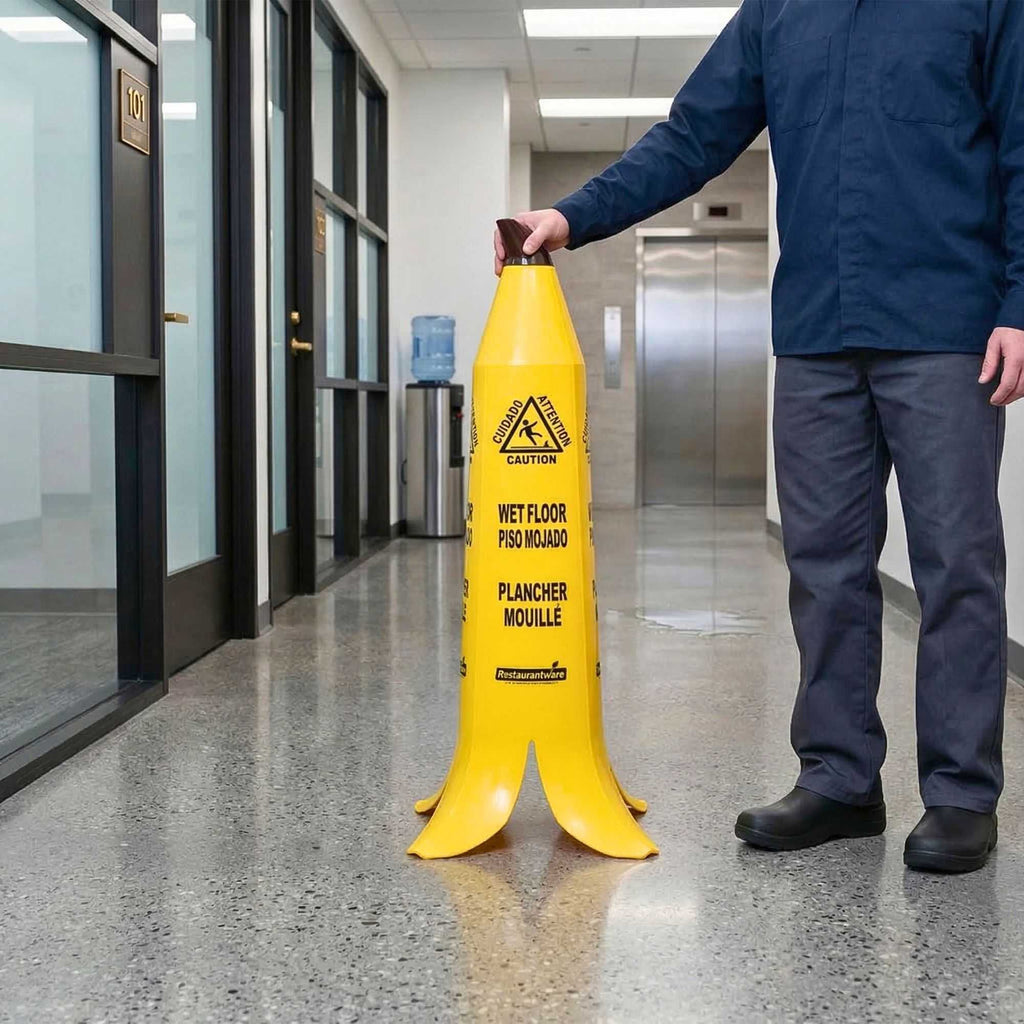Clean Tek Professional Yellow Plastic Banana Wet Floor Cone - Multilingual, with Brown Stem - 35 1/2" - 5 count box