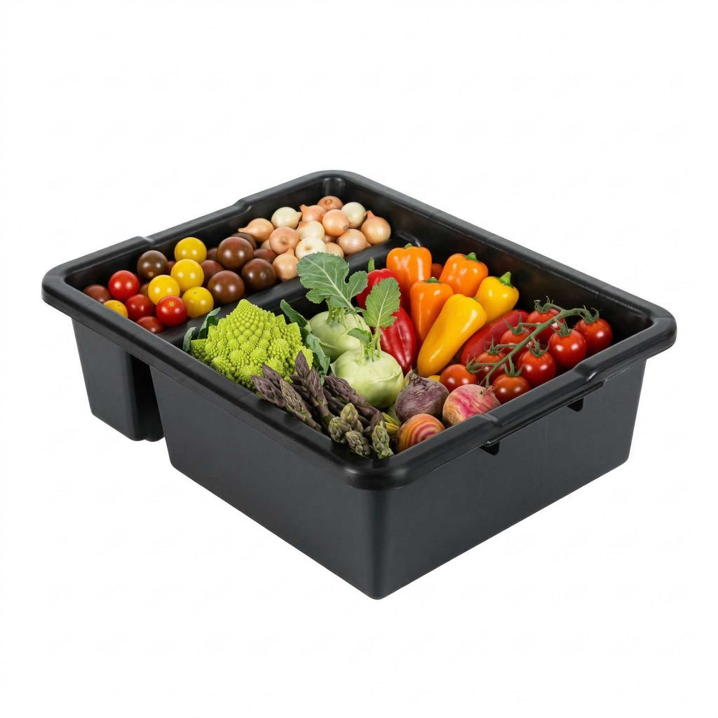 RW Clean Black Polypropylene Bus Tub / Bus Box - Divided, Deep, Easy Grip - 21 1/4" x 16 3/4" x 7" - 1 count box