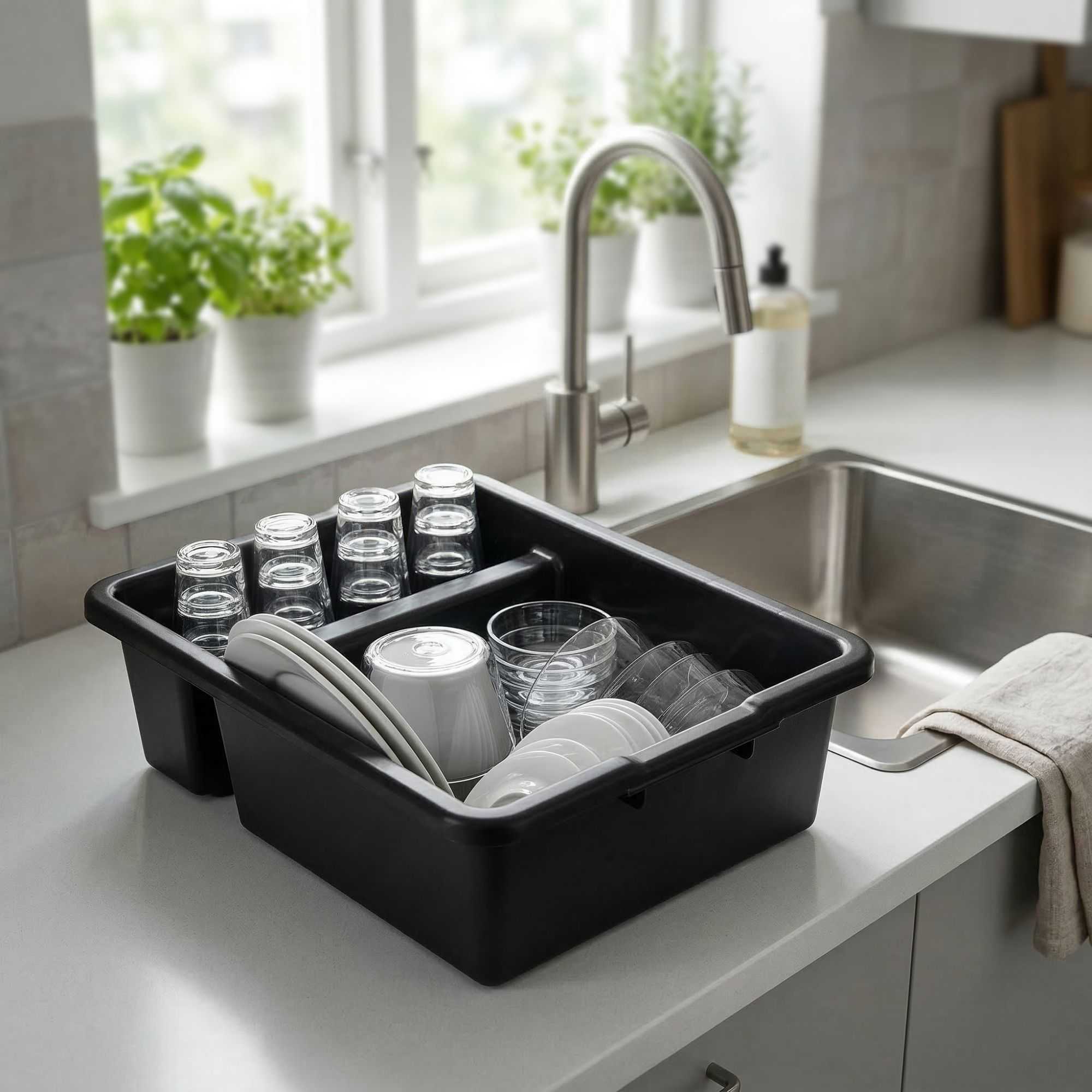 RW Clean Black Polypropylene Bus Tub / Bus Box - Divided, Deep, Easy Grip - 21 1/4" x 16 3/4" x 7" - 1 count box