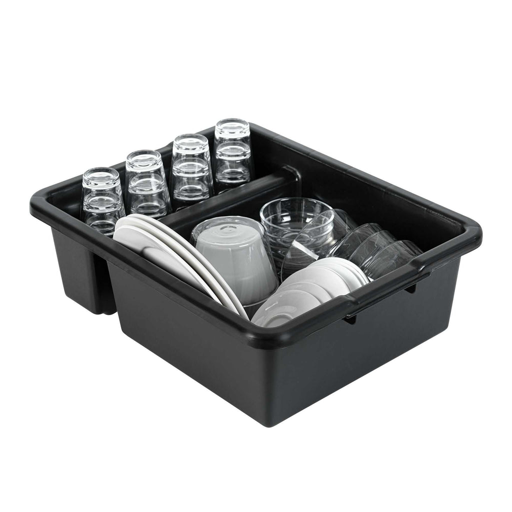RW Clean Black Polypropylene Bus Tub / Bus Box - Divided, Deep, Easy Grip - 21 1/4" x 16 3/4" x 7" - 10 count box