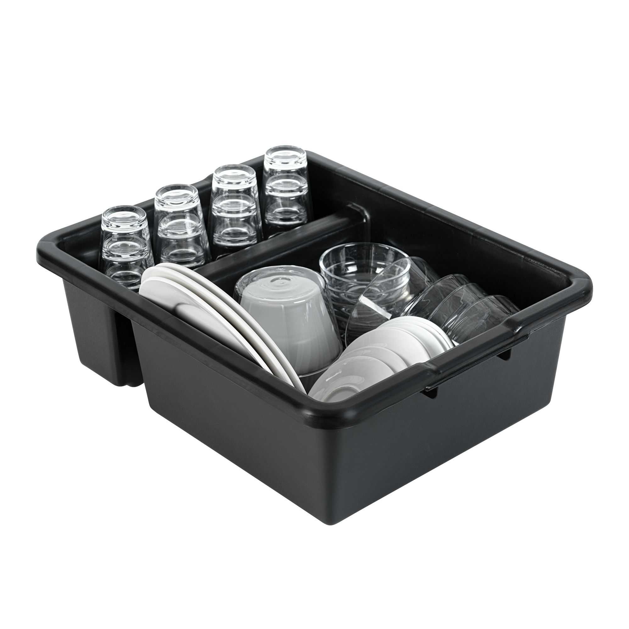 RW Clean Black Polypropylene Bus Tub / Bus Box - Divided, Deep, Easy Grip - 21 1/4" x 16 3/4" x 7" - 10 count box