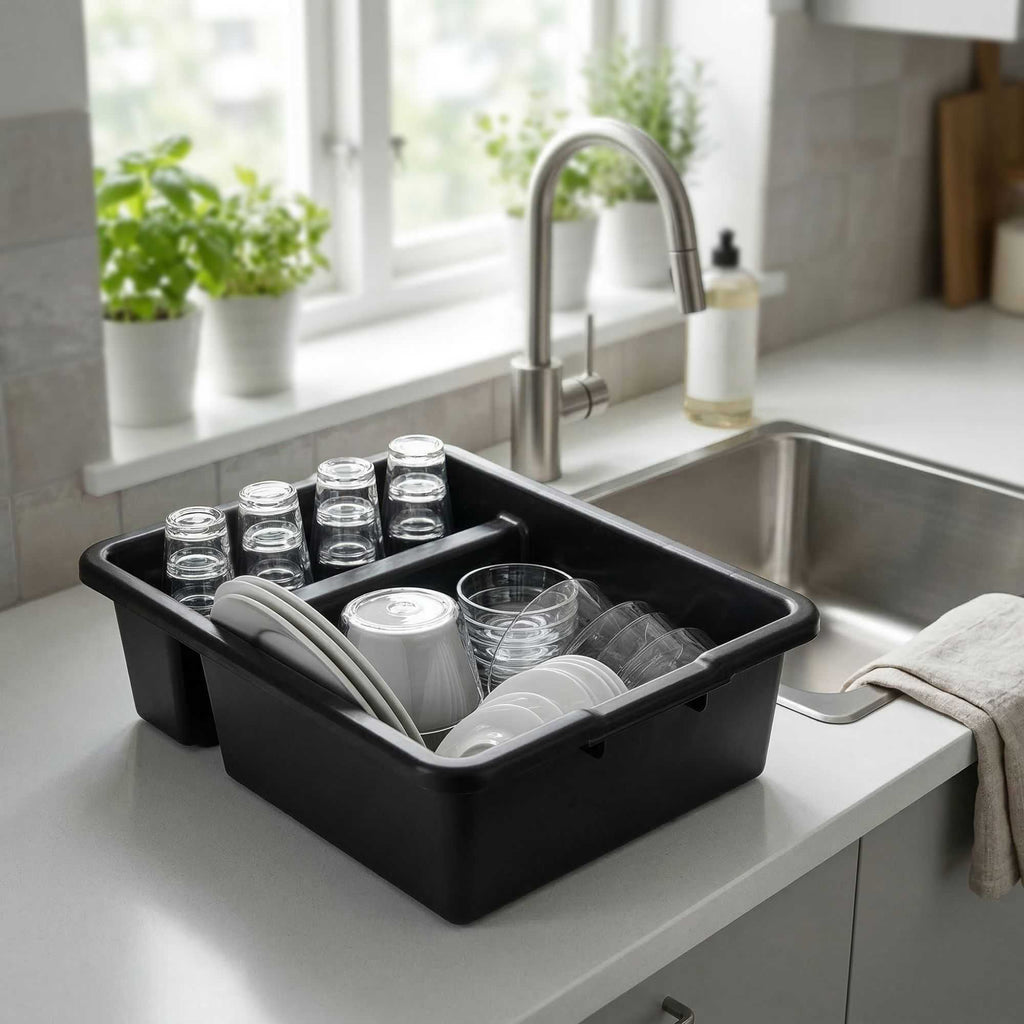 RW Clean Black Polypropylene Bus Tub / Bus Box - Divided, Deep, Easy Grip - 21 1/4" x 16 3/4" x 7" - 10 count box