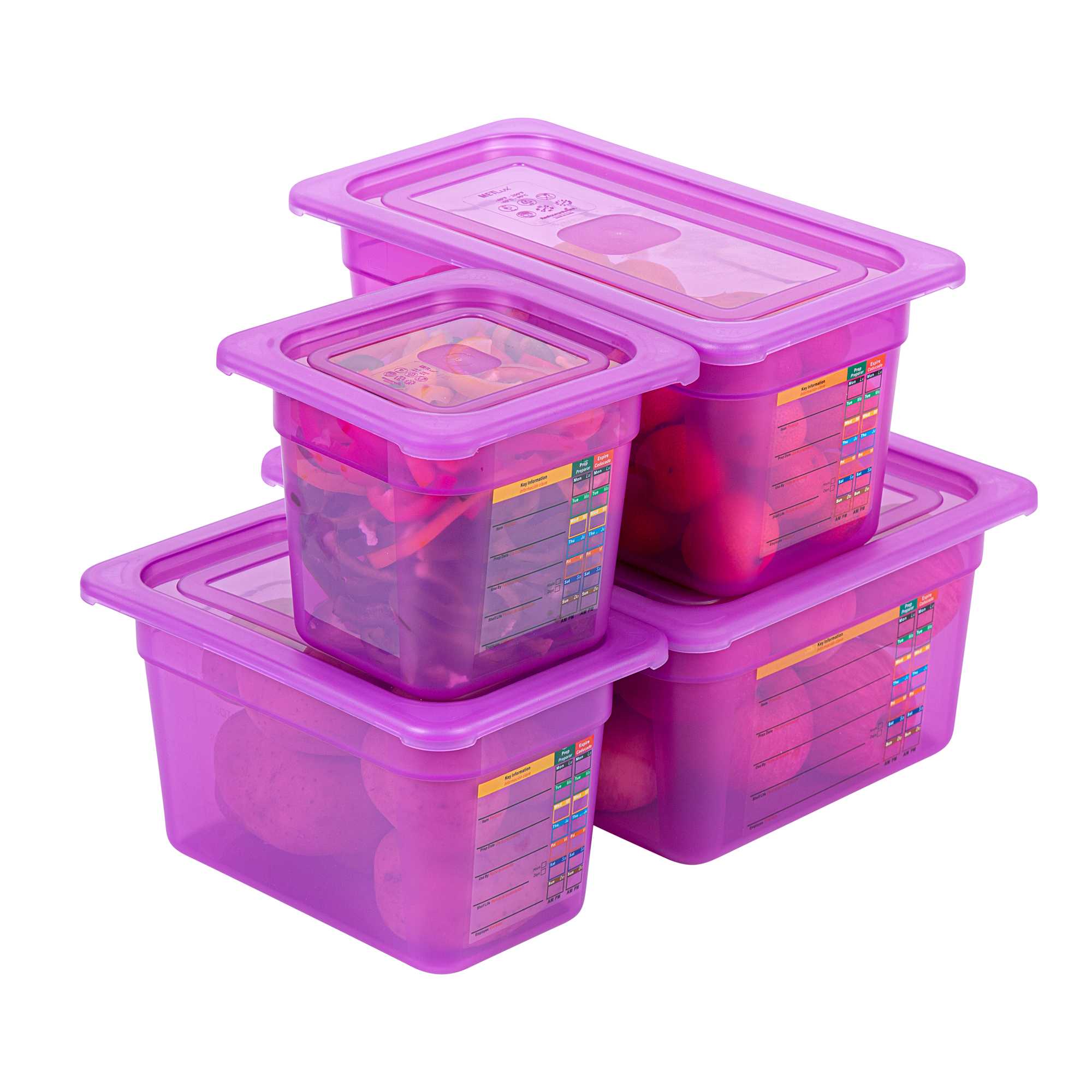 Met Lux 4-Piece Purple Allergen-Free Polypropylene Food Pan Set - 6" Deep, with Airtight Lids and Labels - 1 count box