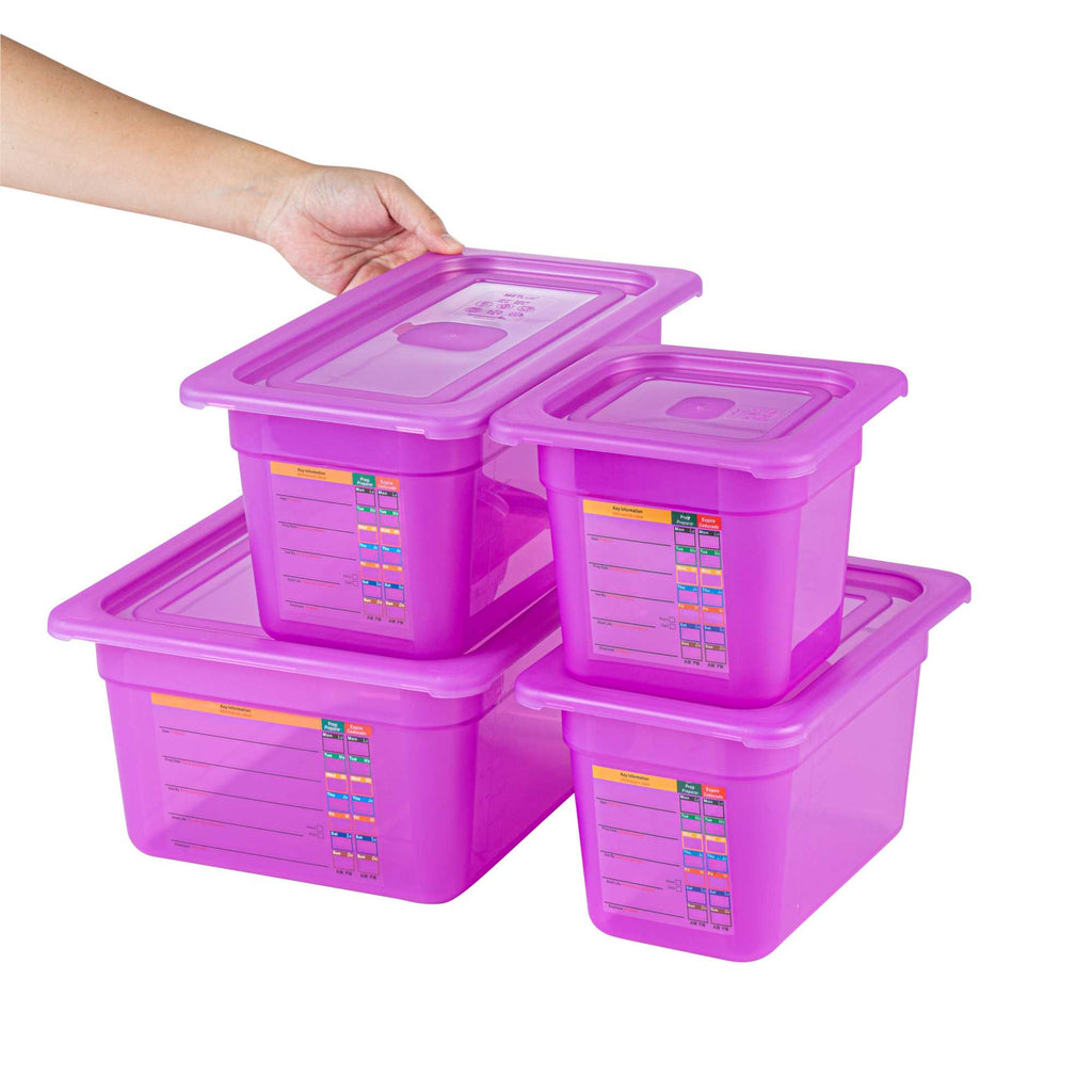Met Lux 4-Piece Purple Allergen-Free Polypropylene Food Pan Set - 6" Deep, with Airtight Lids and Labels - 1 count box