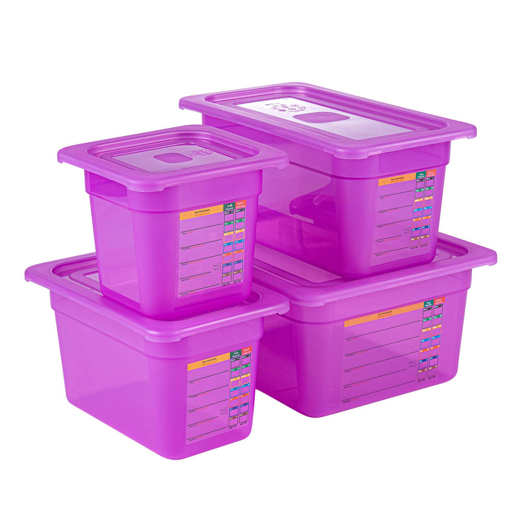 Met Lux 4-Piece Purple Allergen-Free Polypropylene Food Pan Set - 6" Deep, with Airtight Lids and Labels - 1 count box