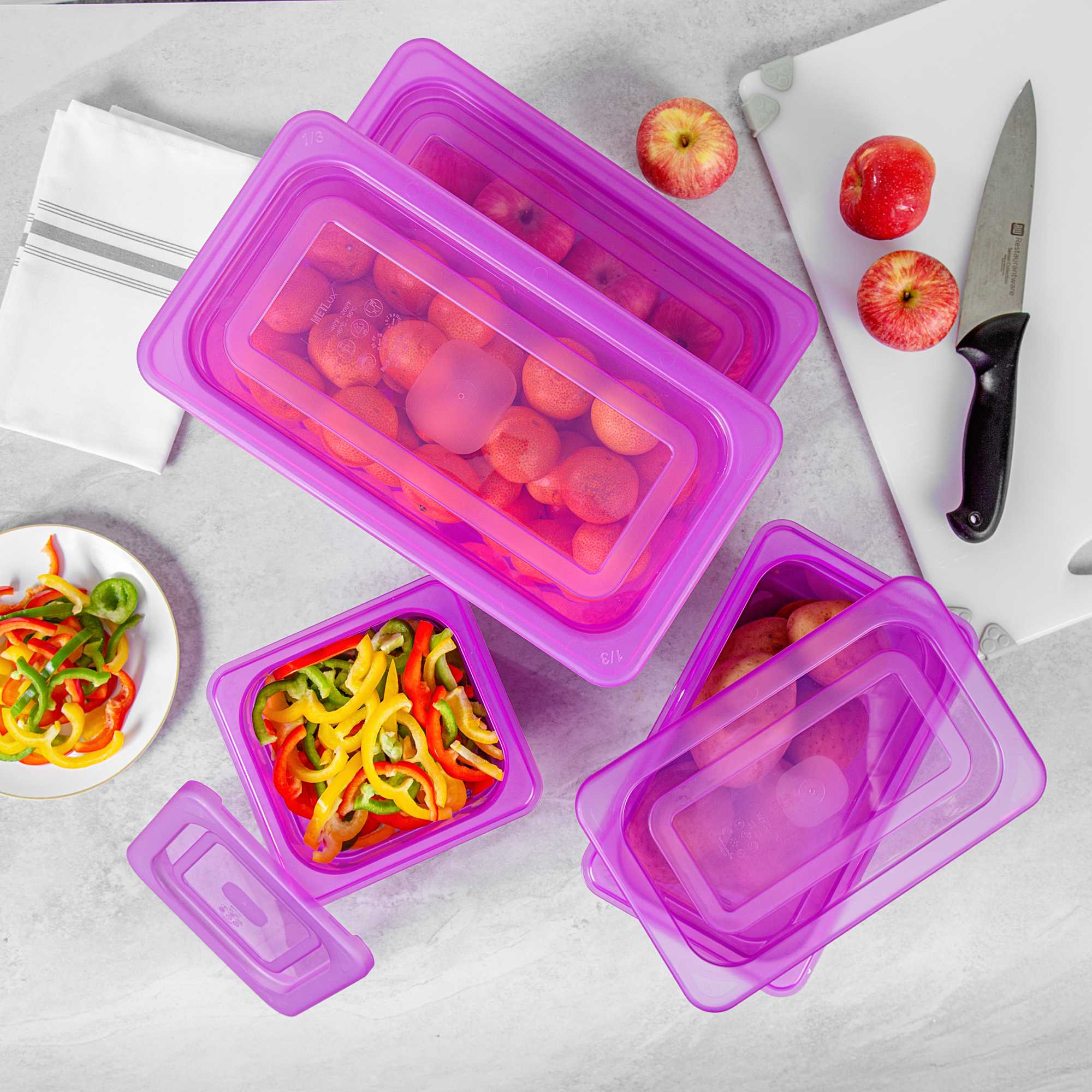 Met Lux 4-Piece Purple Allergen-Free Polypropylene Food Pan Set - 6" Deep, with Airtight Lids and Labels - 1 count box