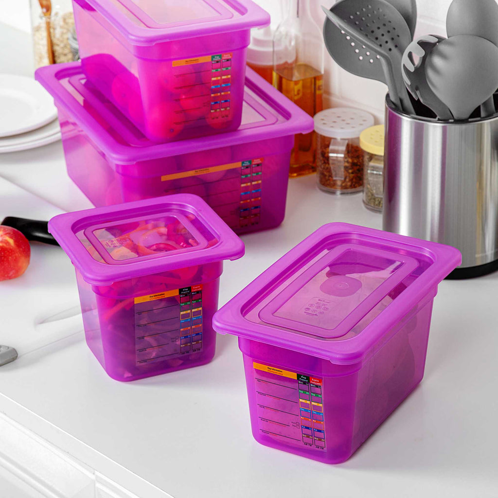 Met Lux 4-Piece Purple Allergen-Free Polypropylene Food Pan Set - 6" Deep, with Airtight Lids and Labels - 1 count box
