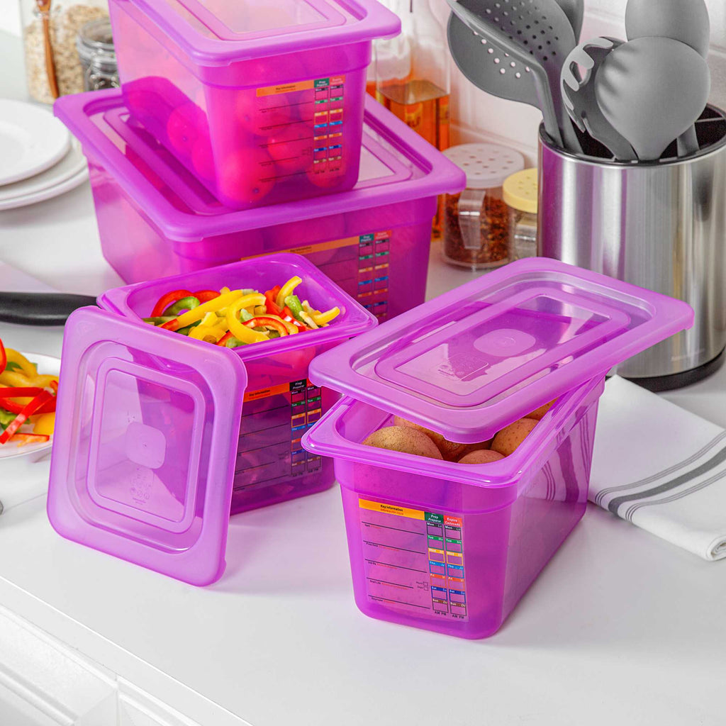 Met Lux 4-Piece Purple Allergen-Free Polypropylene Food Pan Set - 6" Deep, with Airtight Lids and Labels - 1 count box