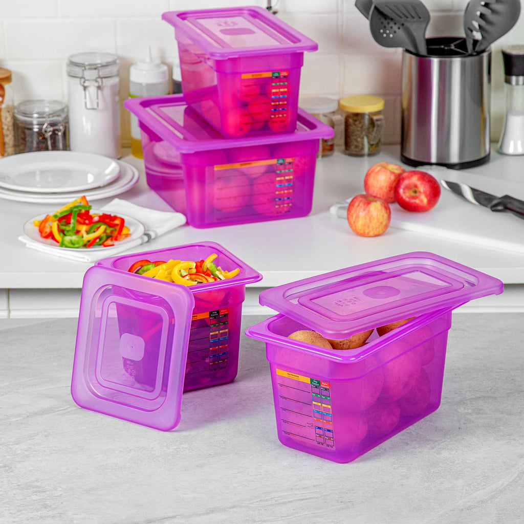 Met Lux 4-Piece Purple Allergen-Free Polypropylene Food Pan Set - 6" Deep, with Airtight Lids and Labels - 1 count box