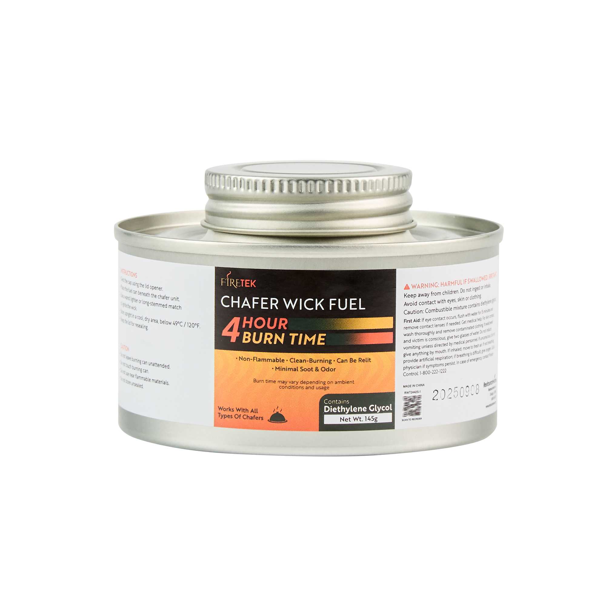 Fire Tek 4 Hour Wick Chafing Fuel - 6 Pack, with Safety Twist Cap and Lid Opener - 4 count box
